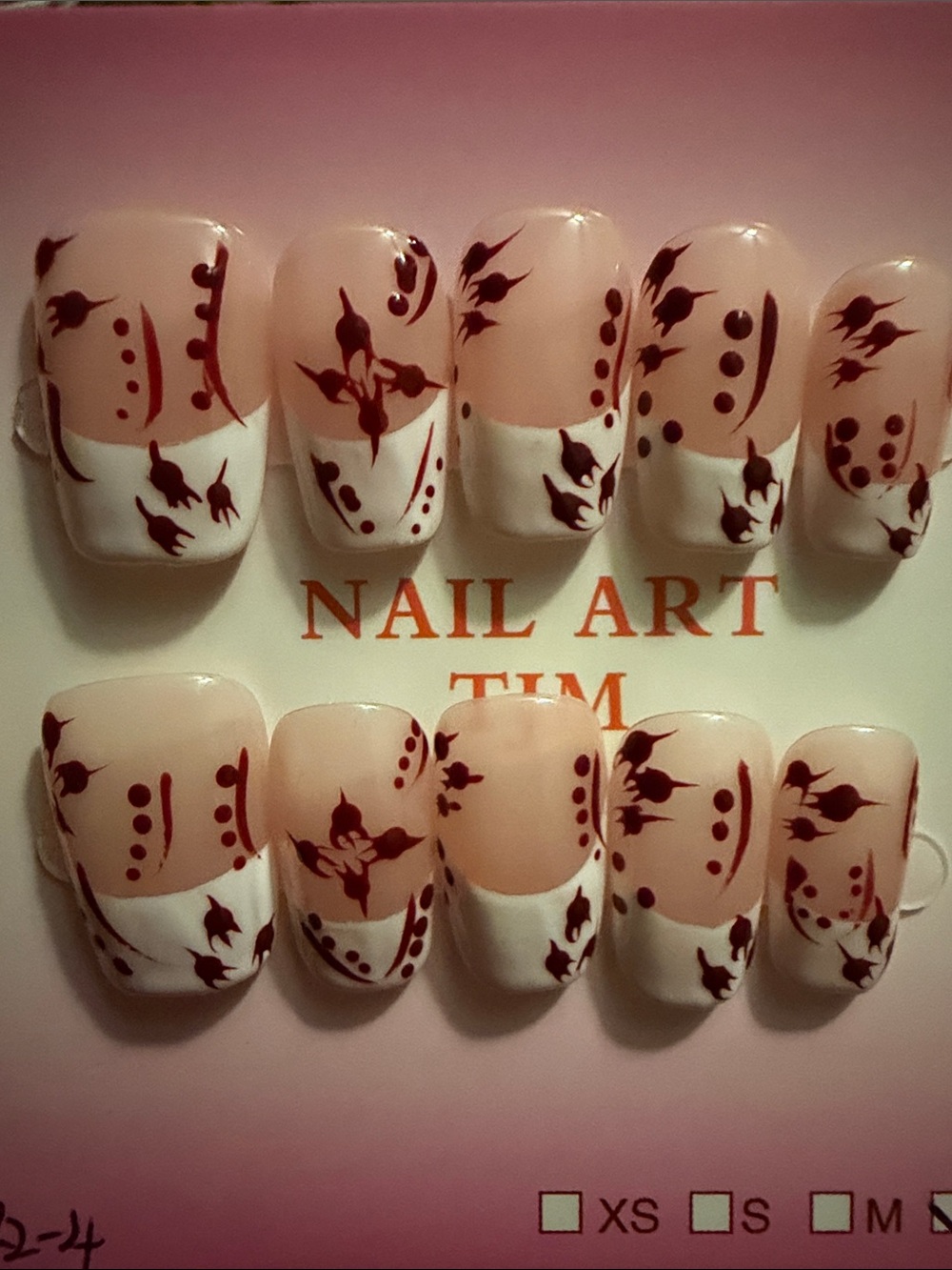 Floral French Press-On Nails in Nude, White & Burgundy